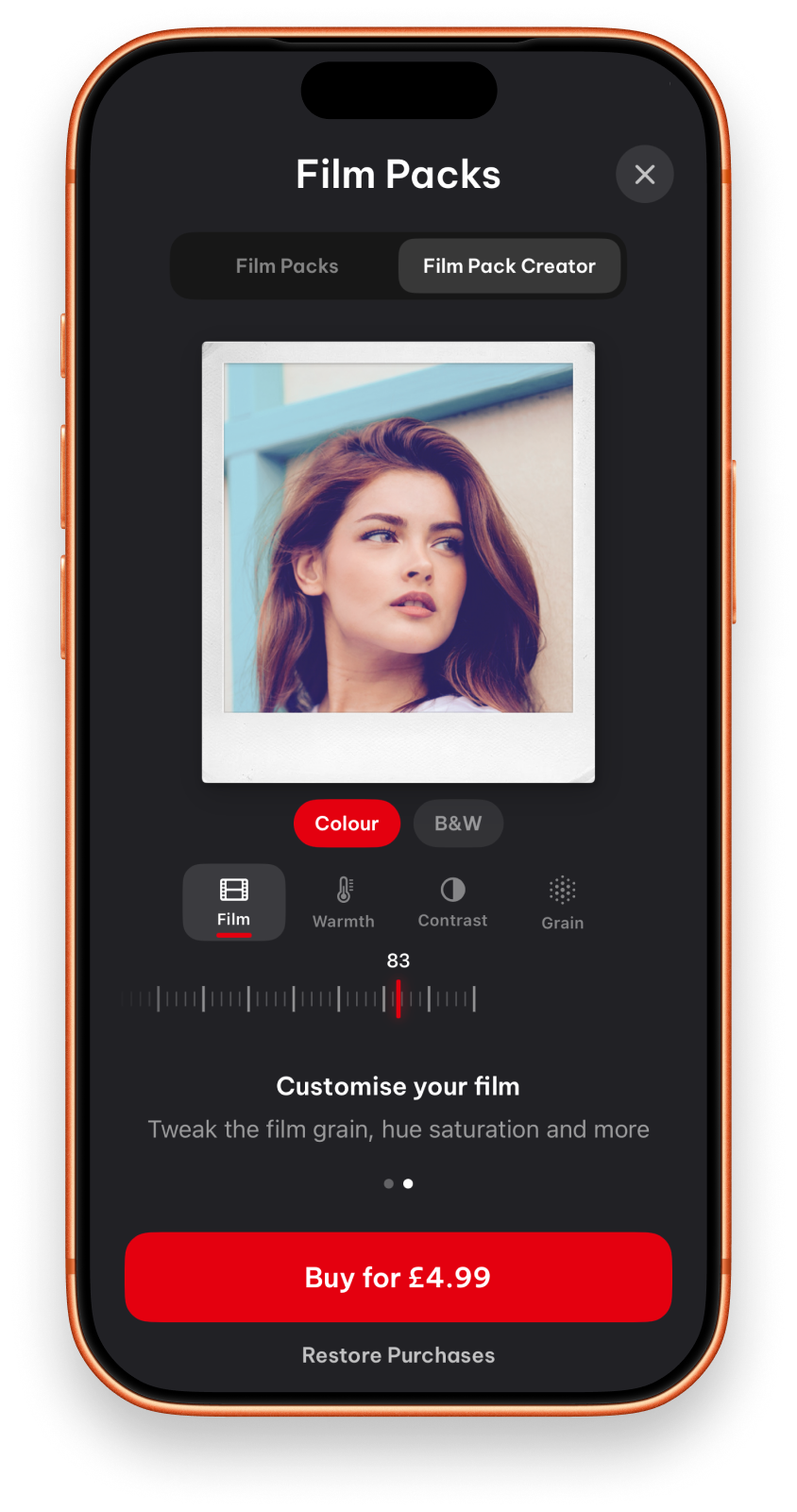 Film Pack Creator screen with grain and colour controls
