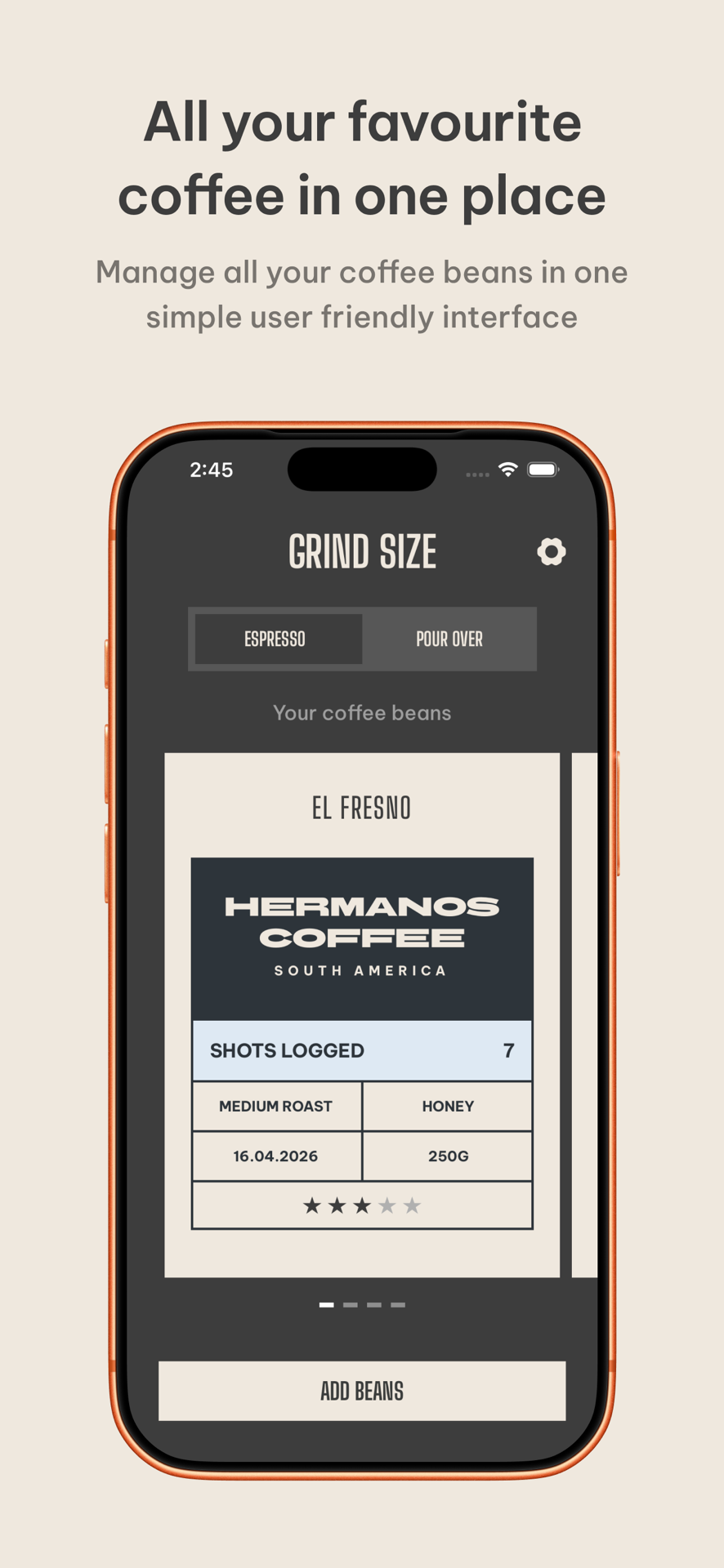 Grind Size screen showing a saved coffee bean card with roast, process, weight and a star rating