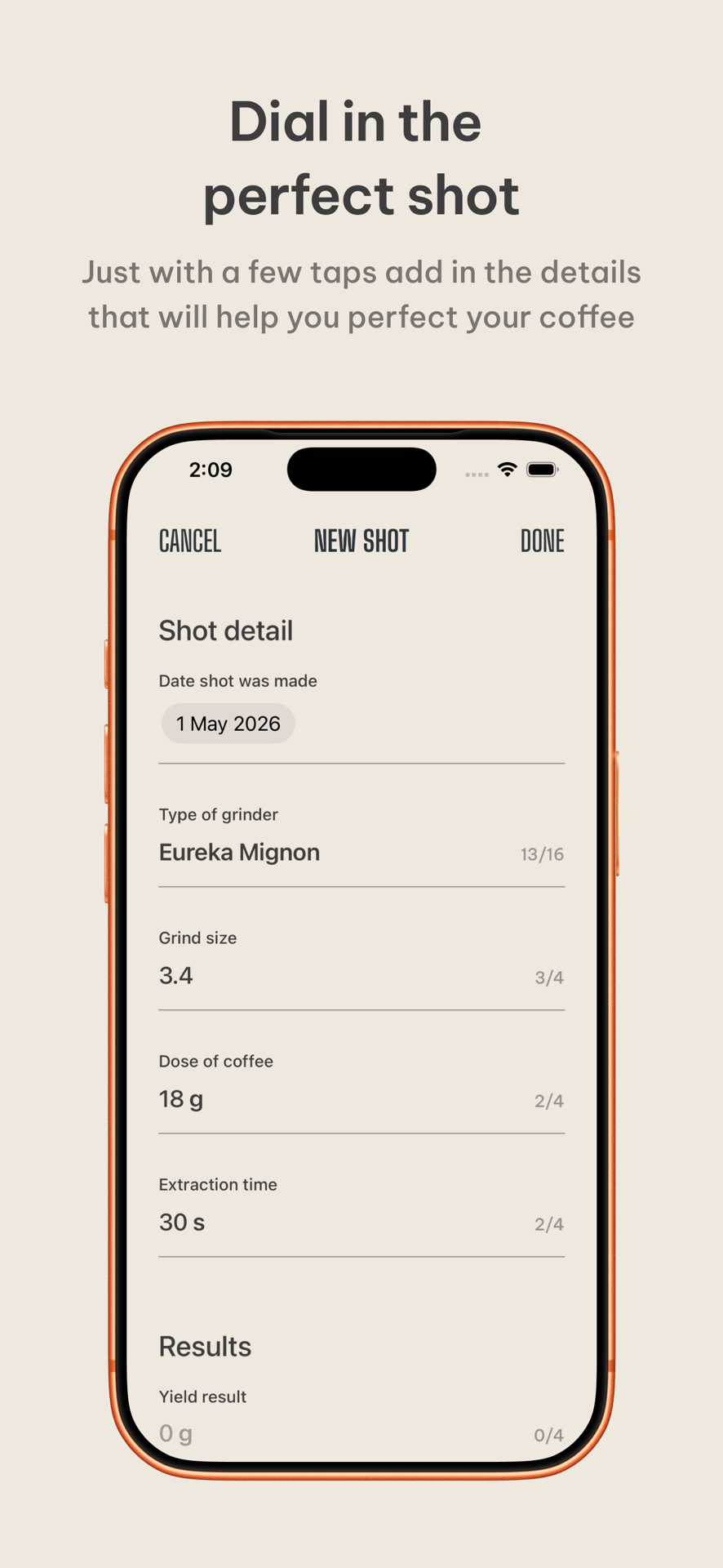 Grind Size screen for logging an espresso shot, with fields for grinder, grind size, dose and extraction time