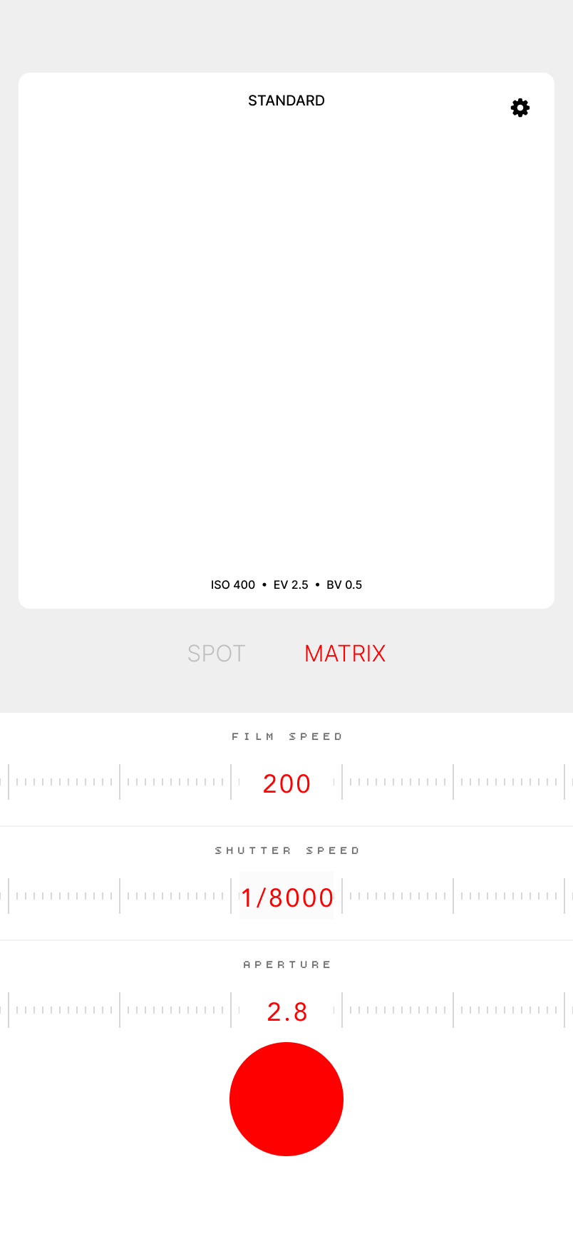 Lumo's meter dial in the Neo theme, with film speed, shutter speed and aperture readings