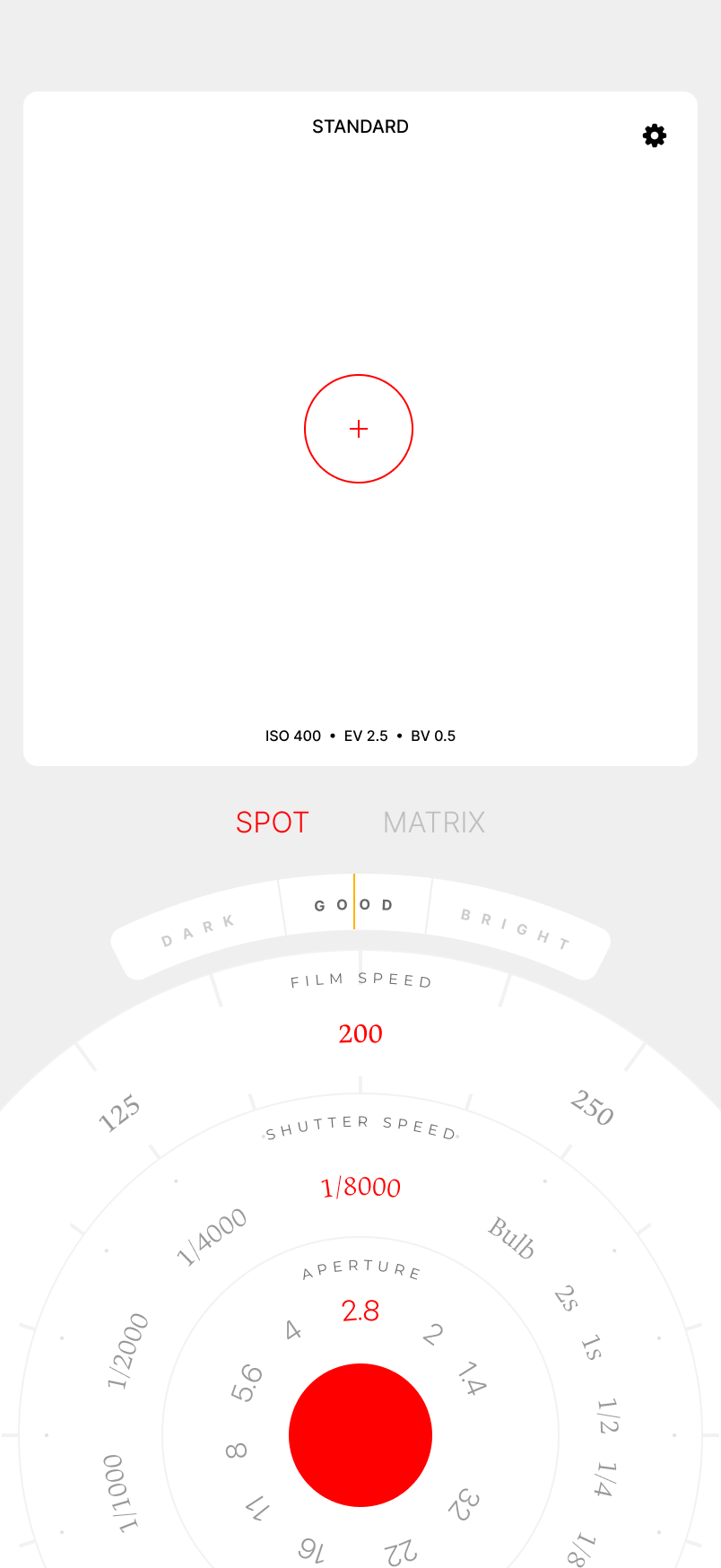 Lumo's meter dial in the Serif theme, with film speed, shutter speed and aperture readings